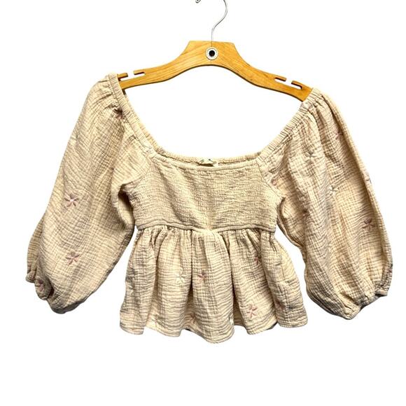 By Together Tan Smocked Crop Top Size S Embroidered Flowers Babydoll Boho - Picture 1 of 10